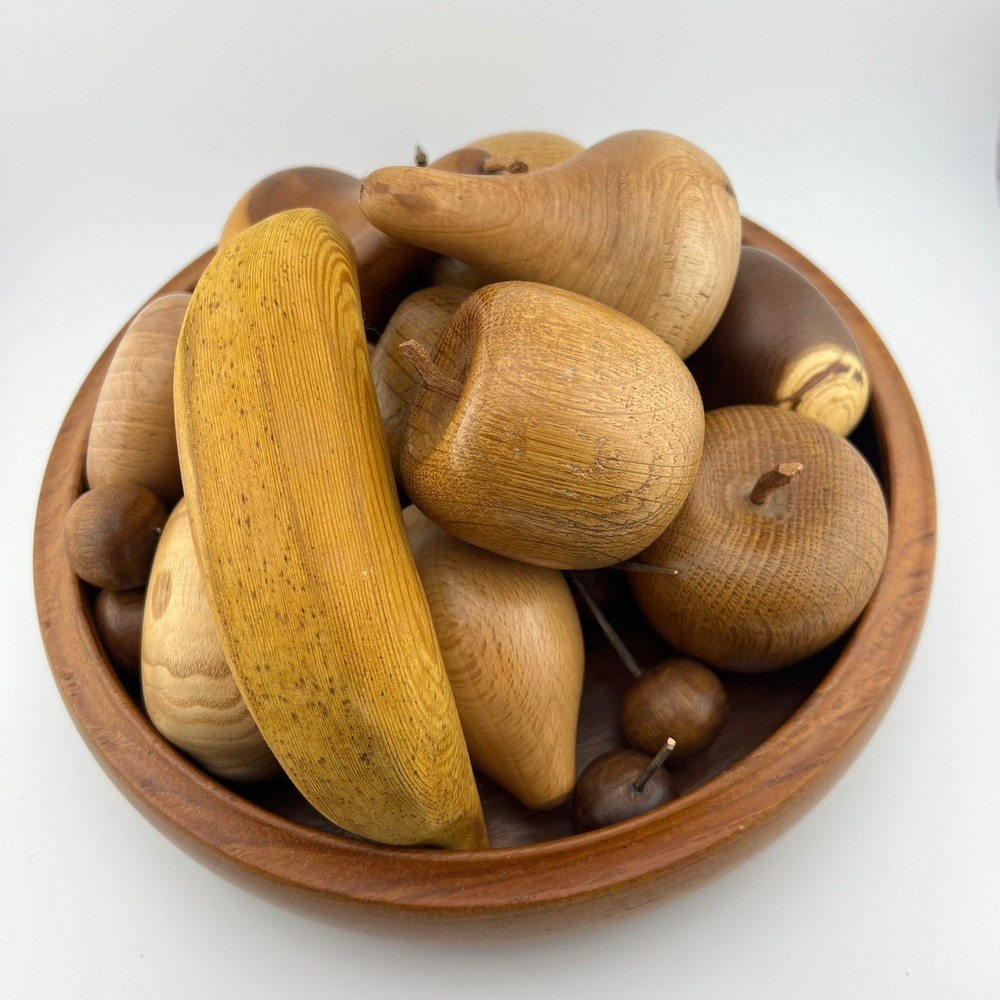 Vintage Wooden Fruit Bowl Set Hand Carved Wood Apples Pear Banana Cherries
